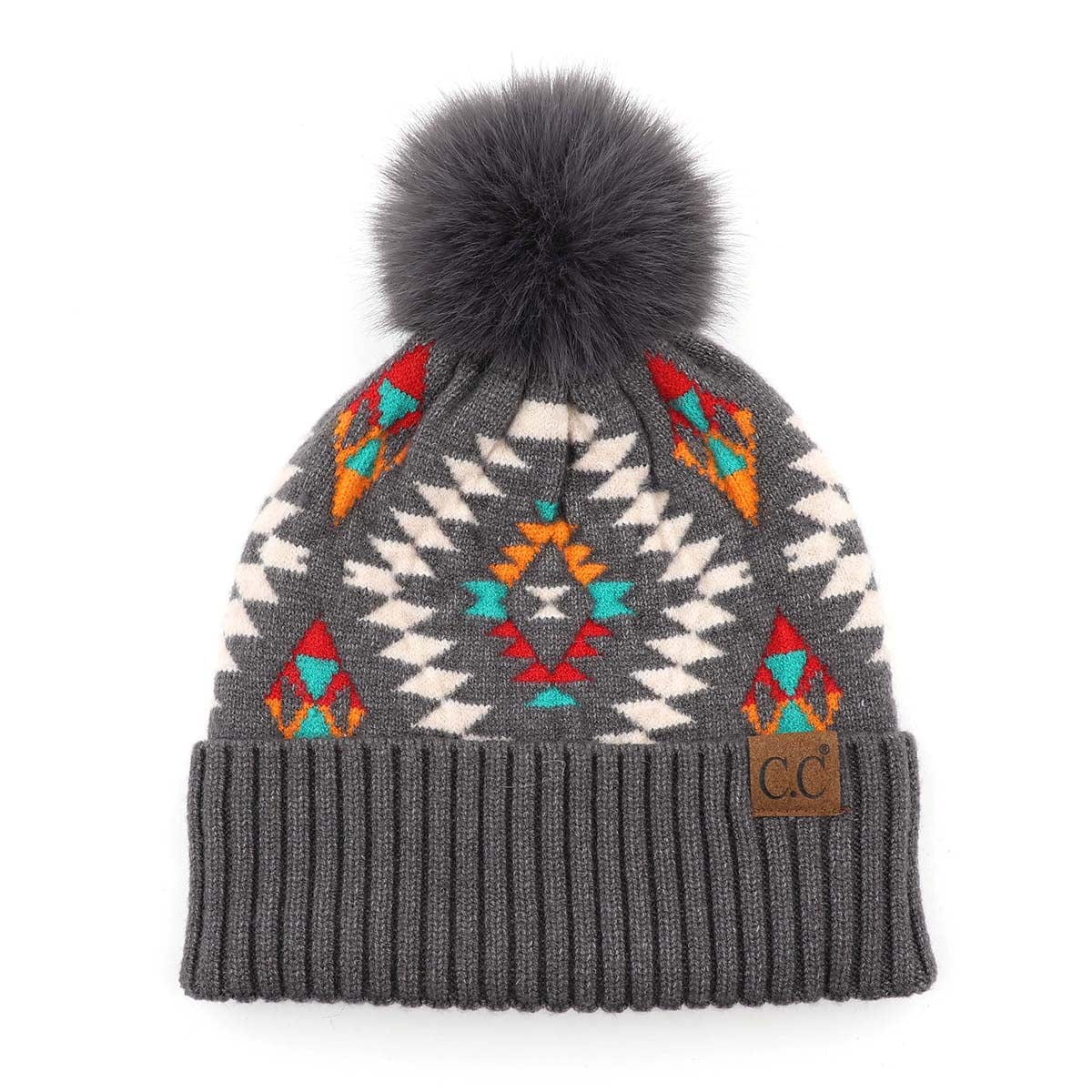 C.C Apparel Dark Grey CC Authentic Aztec Design Chunky Cable Knit Beanie with Faux Fur Pom - Winter Warm Stretch Hat for Men & Women - HAT 3001