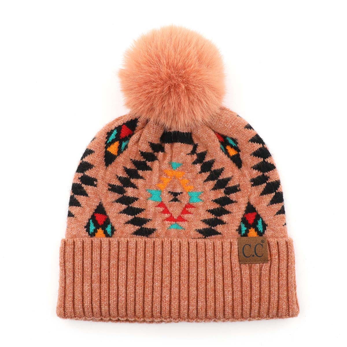 C.C Apparel Desert Sand CC Authentic Aztec Design Chunky Cable Knit Beanie with Faux Fur Pom - Winter Warm Stretch Hat for Men & Women - HAT 3001