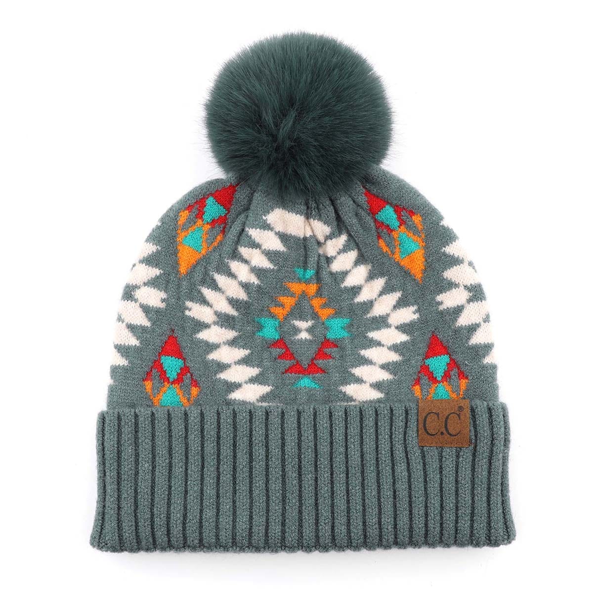 C.C Apparel Forest Green CC Authentic Aztec Design Chunky Cable Knit Beanie with Faux Fur Pom - Winter Warm Stretch Hat for Men & Women - HAT 3001
