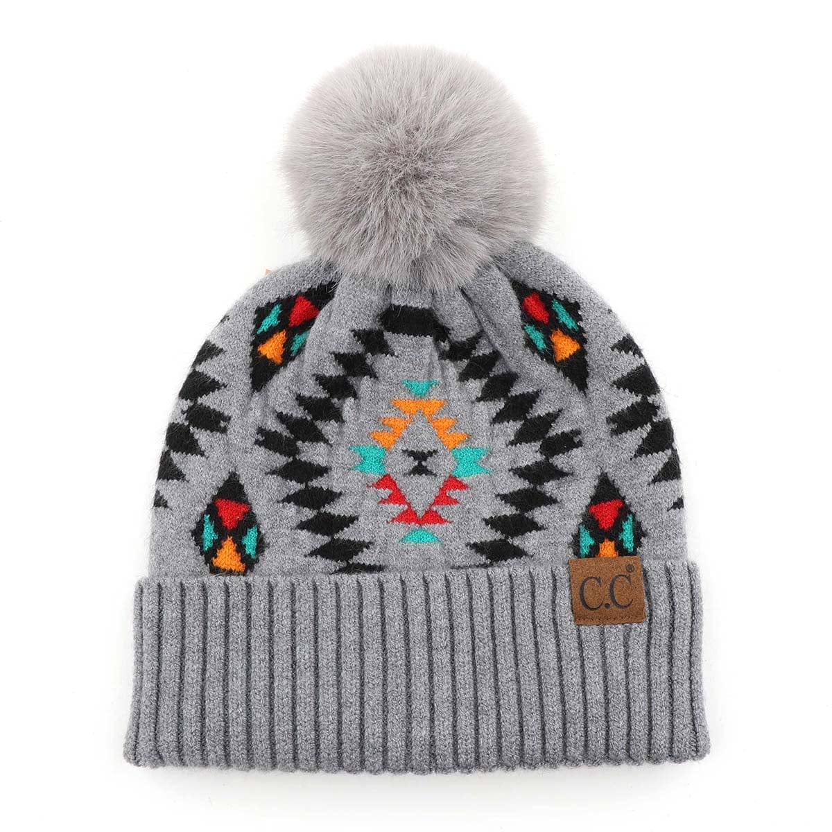 C.C Apparel Light Grey CC Authentic Aztec Design Chunky Cable Knit Beanie with Faux Fur Pom - Winter Warm Stretch Hat for Men & Women - HAT 3001