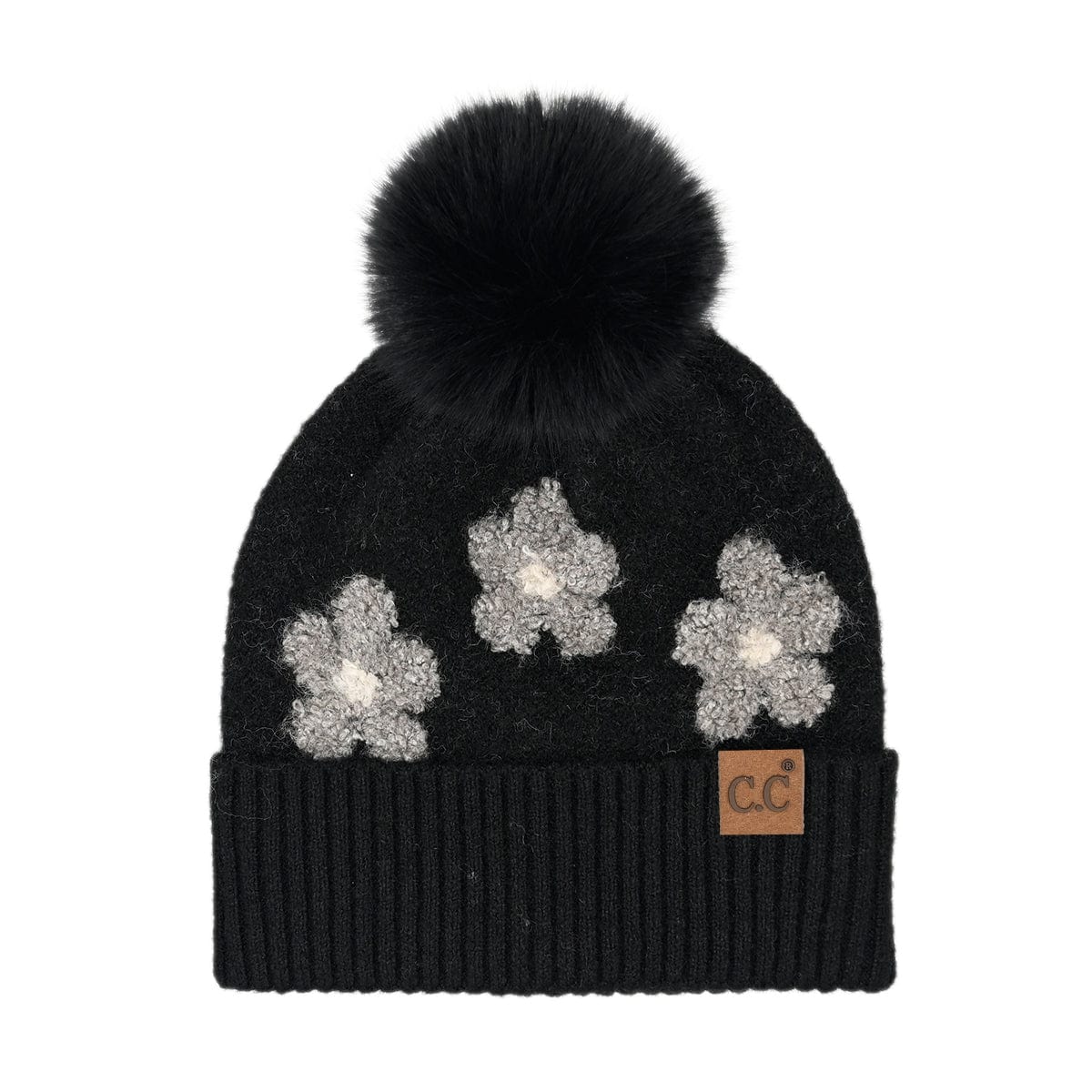 C.C Apparel Black CC Daisy Pattern Beanie with Faux Fur Pom - Cozy Winter Hat for Women, Stylish Chenille Knit, Warm & Stretchable Beanie (HTC0079)