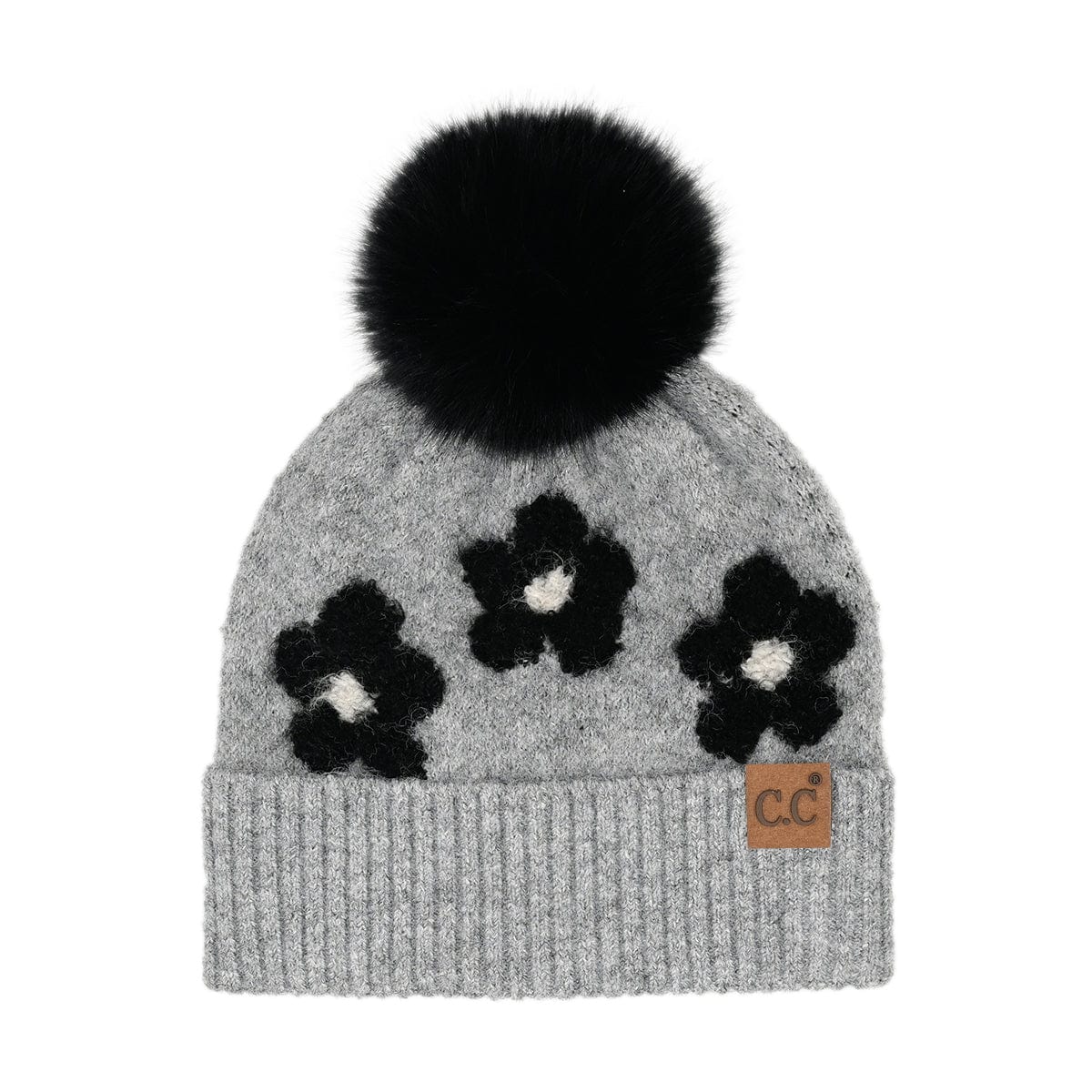 C.C Apparel Light Grey CC Daisy Pattern Beanie with Faux Fur Pom - Cozy Winter Hat for Women, Stylish Chenille Knit, Warm & Stretchable Beanie (HTC0079)