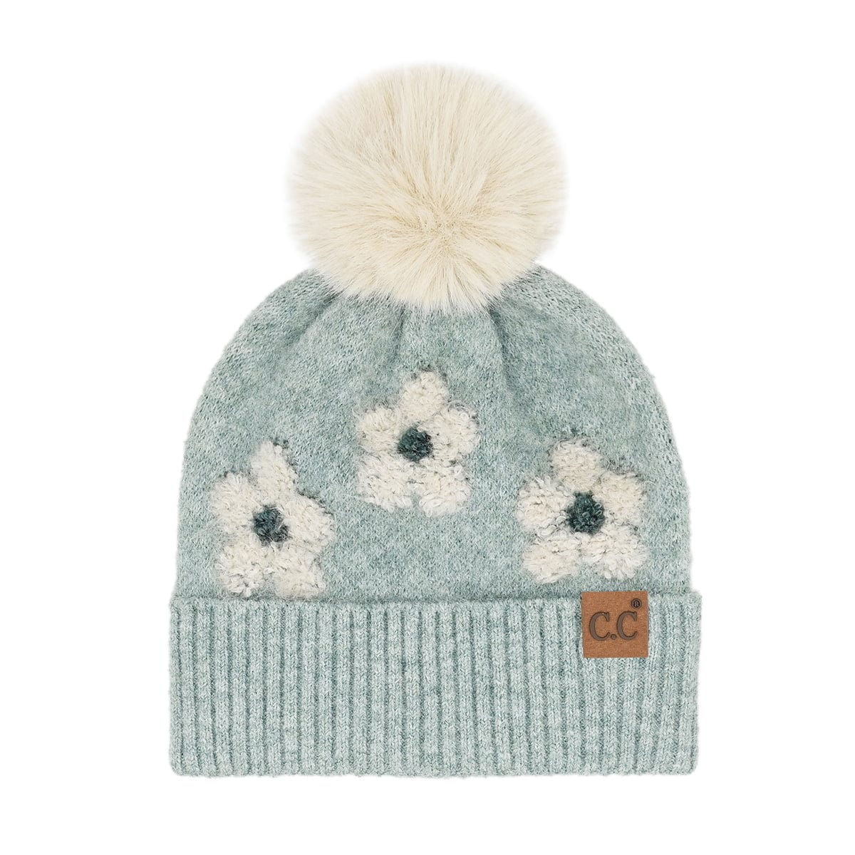 C.C Apparel Mint CC Daisy Pattern Beanie with Faux Fur Pom - Cozy Winter Hat for Women, Stylish Chenille Knit, Warm & Stretchable Beanie (HTC0079)