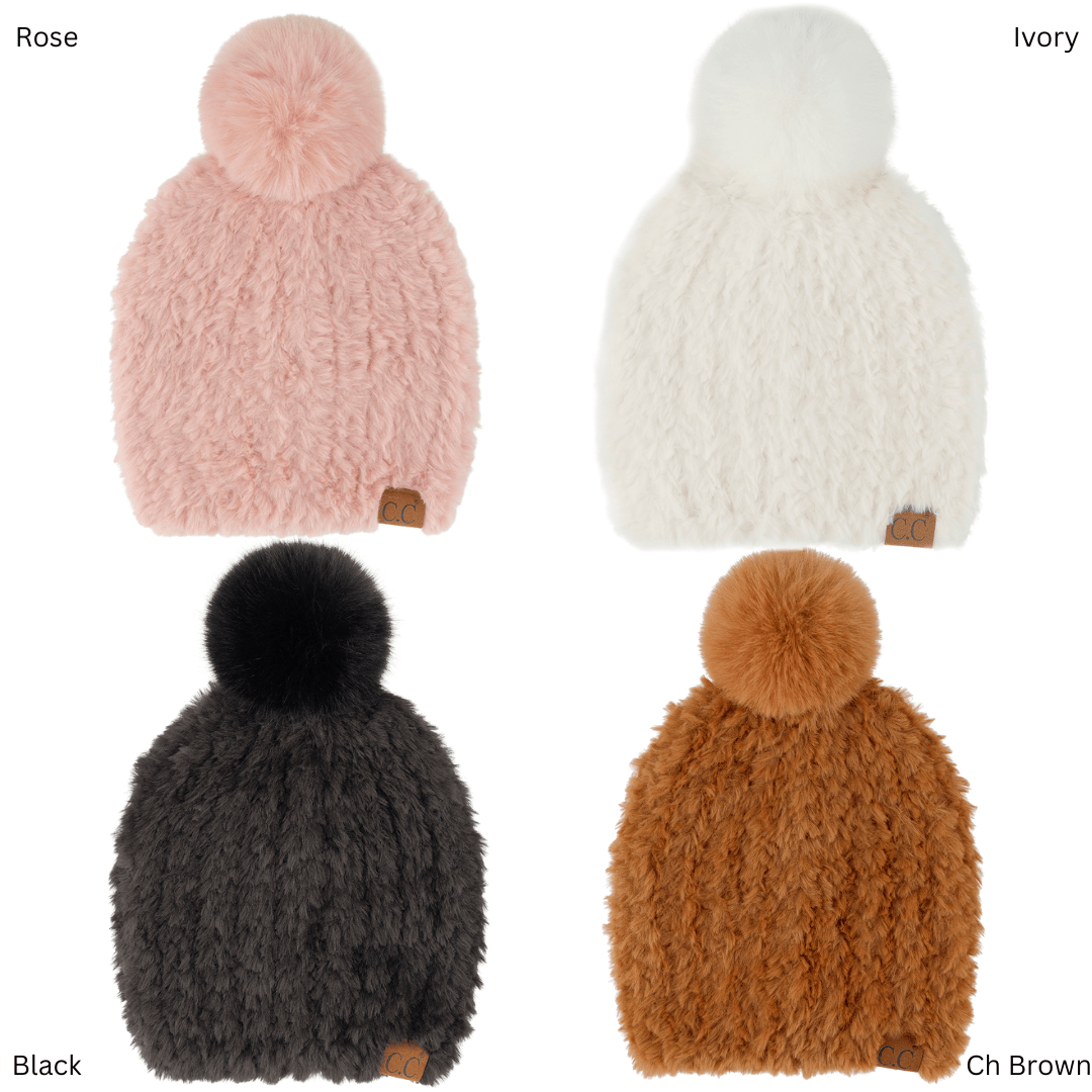 C.C Apparel CC Faux Fur Pom Beanie for Women - Cozy & Stylish Stretchable Knit Winter Hat, Soft Warm Skully with Plush Pom Pom Fall Accessories - HTE 004