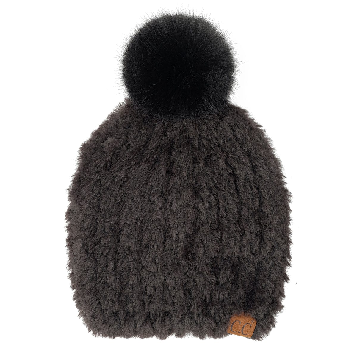 C.C Apparel Black CC Faux Fur Pom Beanie for Women - Cozy & Stylish Stretchable Knit Winter Hat, Soft Warm Skully with Plush Pom Pom Fall Accessories - HTE 004