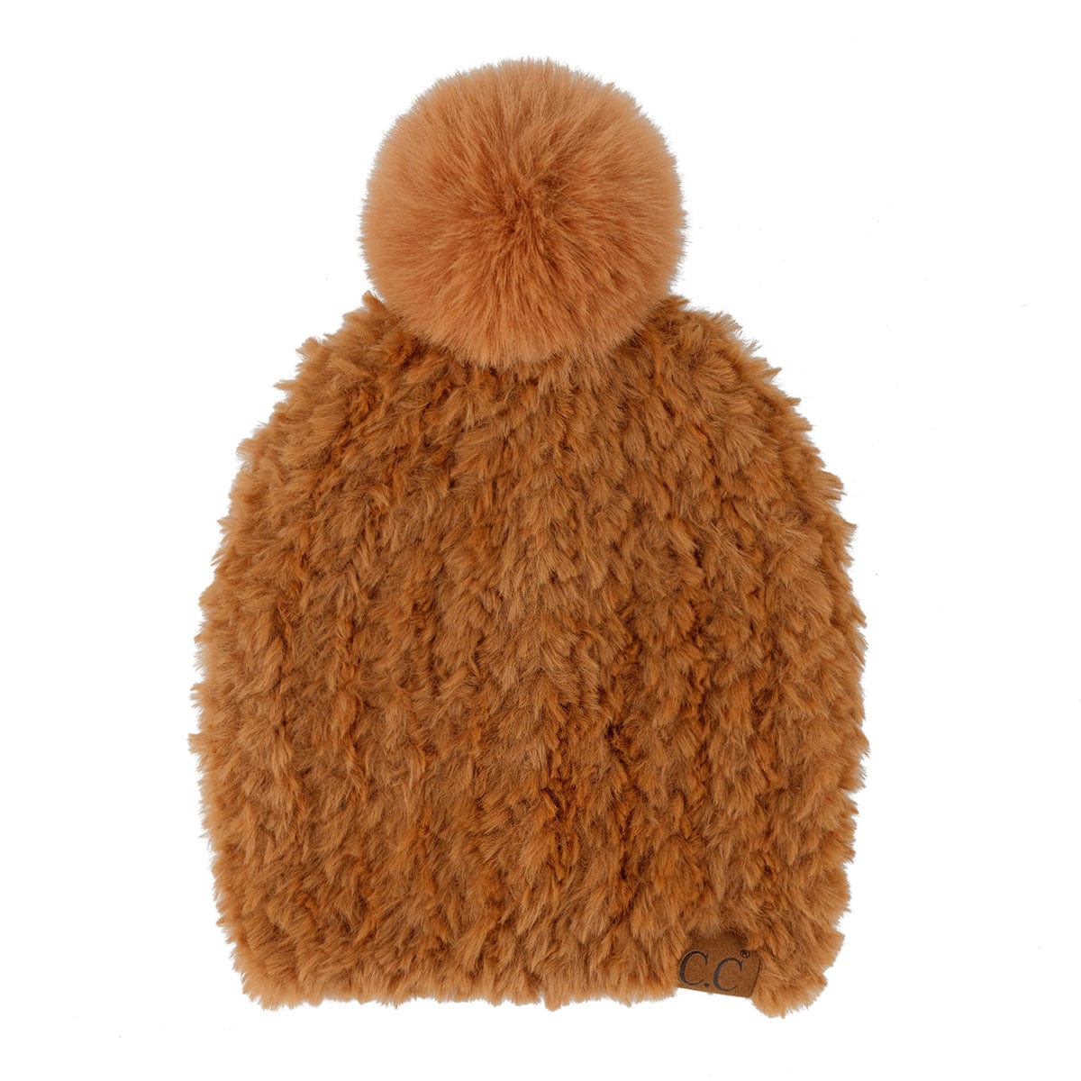C.C Apparel Brown CC Faux Fur Pom Beanie for Women - Cozy & Stylish Stretchable Knit Winter Hat, Soft Warm Skully with Plush Pom Pom Fall Accessories - HTE 004