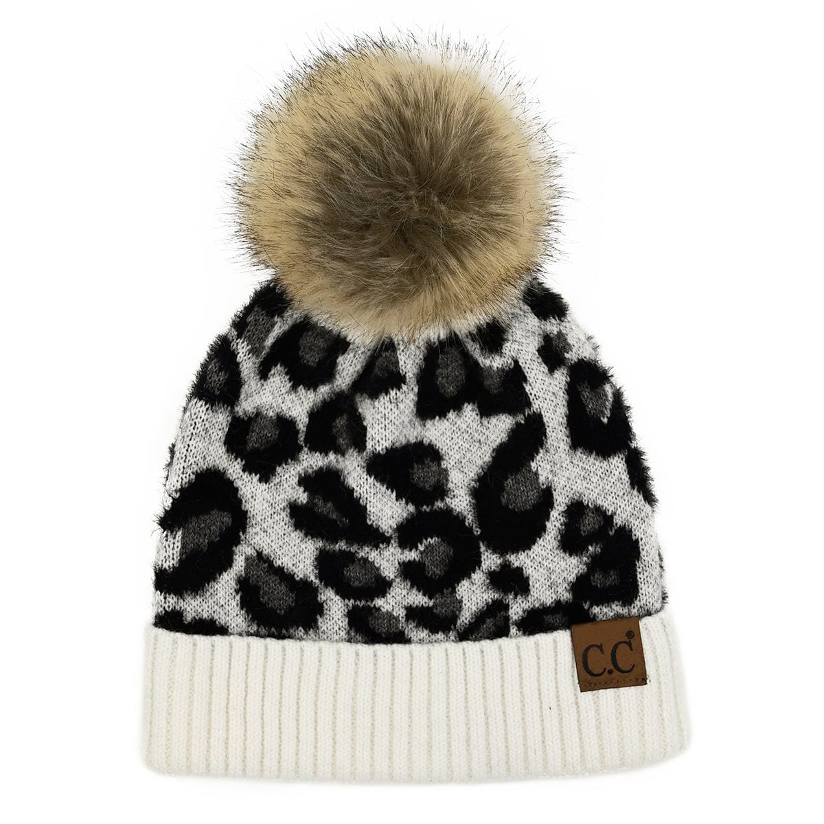 C.C Apparel Ivory CC Leopard Print Soft Beanie Hat with Fur Pom - Stylish Winter Warmth for Outdoor Fashion Beanie (HAT-7001)(HAT2061)