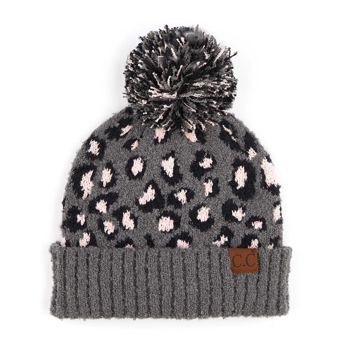 C.C Apparel Lt. Mel Grey CC Leopard Print Soft Beanie Hat with Fur Pom - Stylish Winter Warmth for Outdoor Fashion Beanie (HAT-7001)(HAT2061)