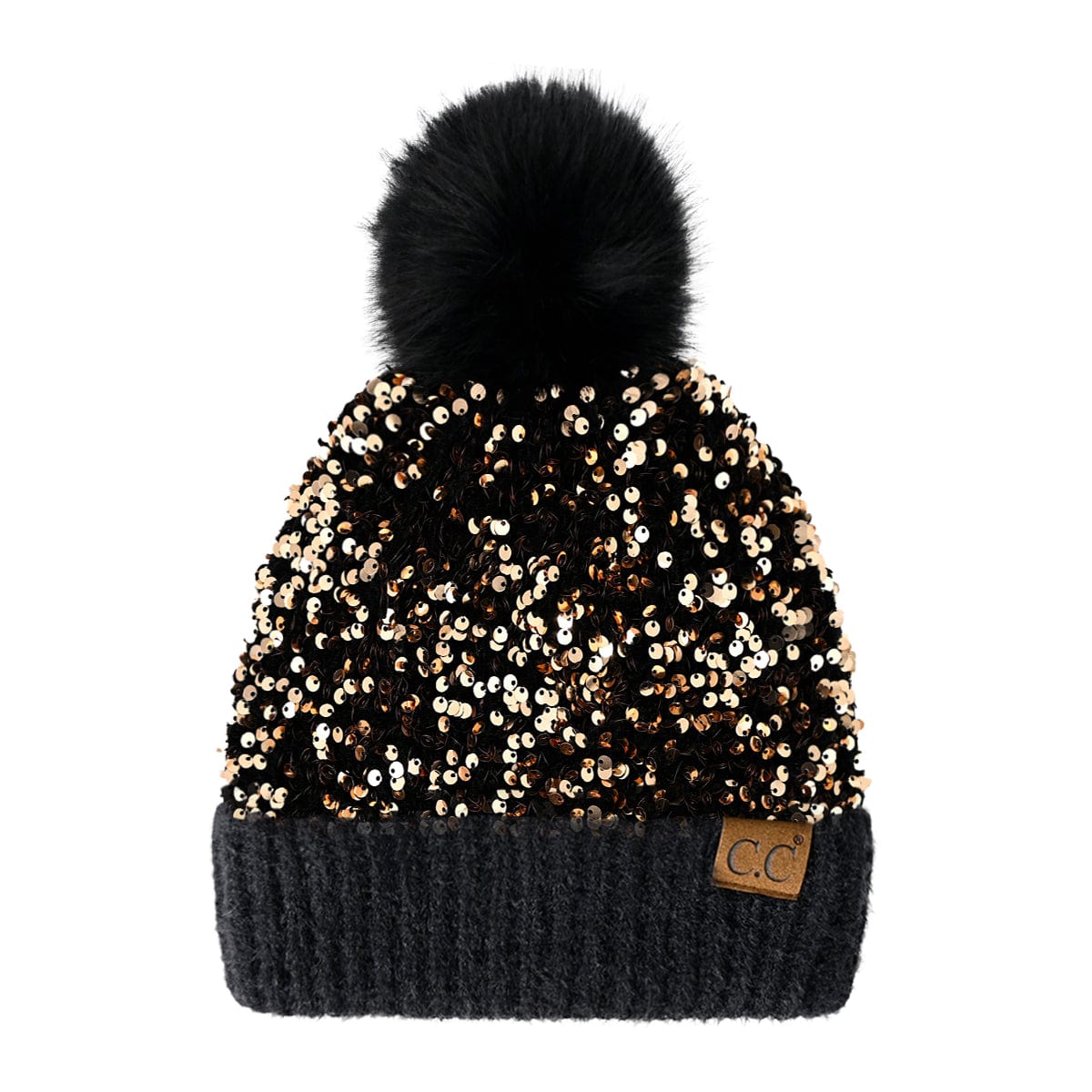 C.C Apparel CC Sequin Pom Beanie for Women - Soft Warm Knit Winter Hat with Yarn Pom, Stretchable Acrylic Skully with Shimmering Sequins - HTE 0012