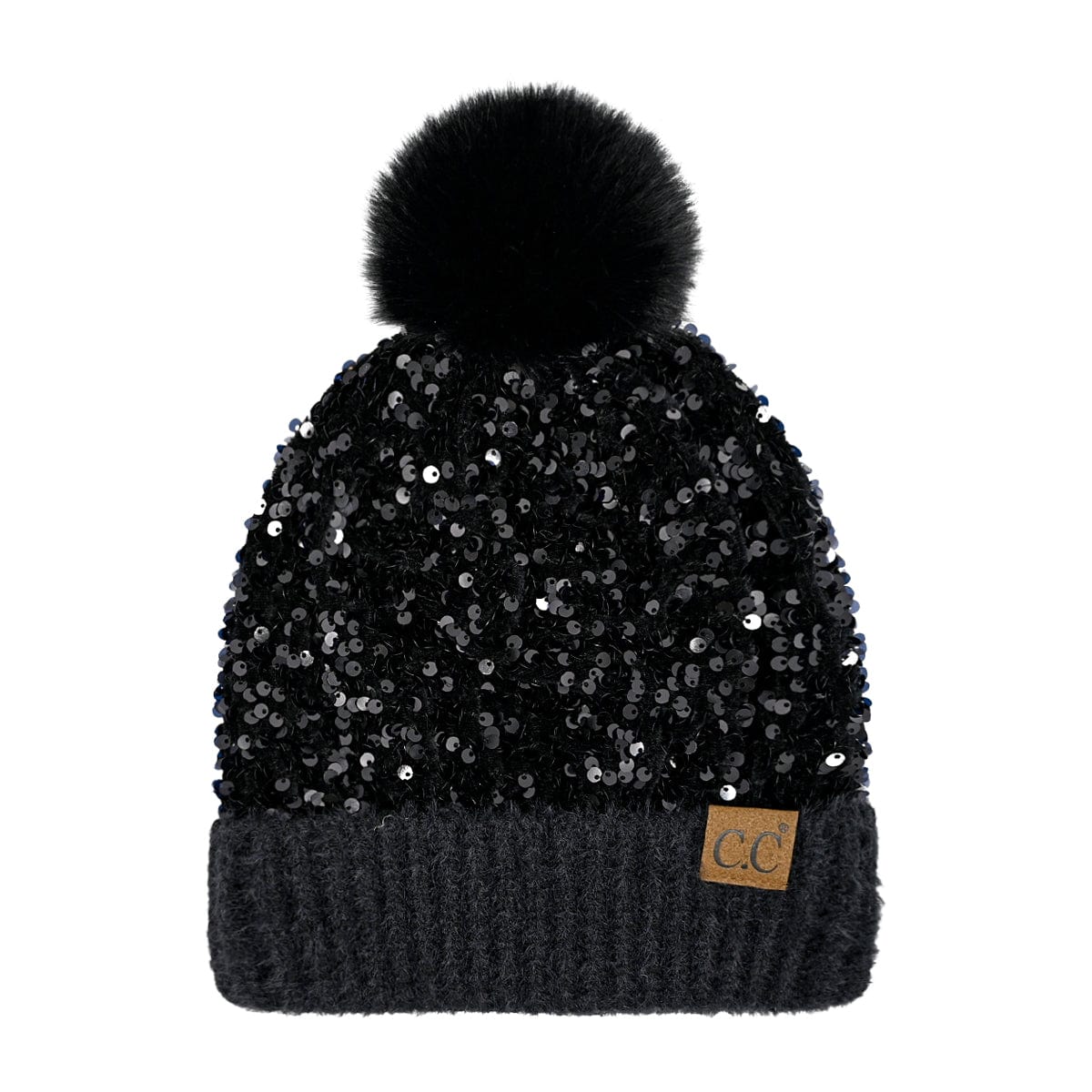 C.C Apparel Black CC Sequin Pom Beanie for Women - Soft Warm Knit Winter Hat with Yarn Pom, Stretchable Acrylic Skully with Shimmering Sequins - HTE 0012