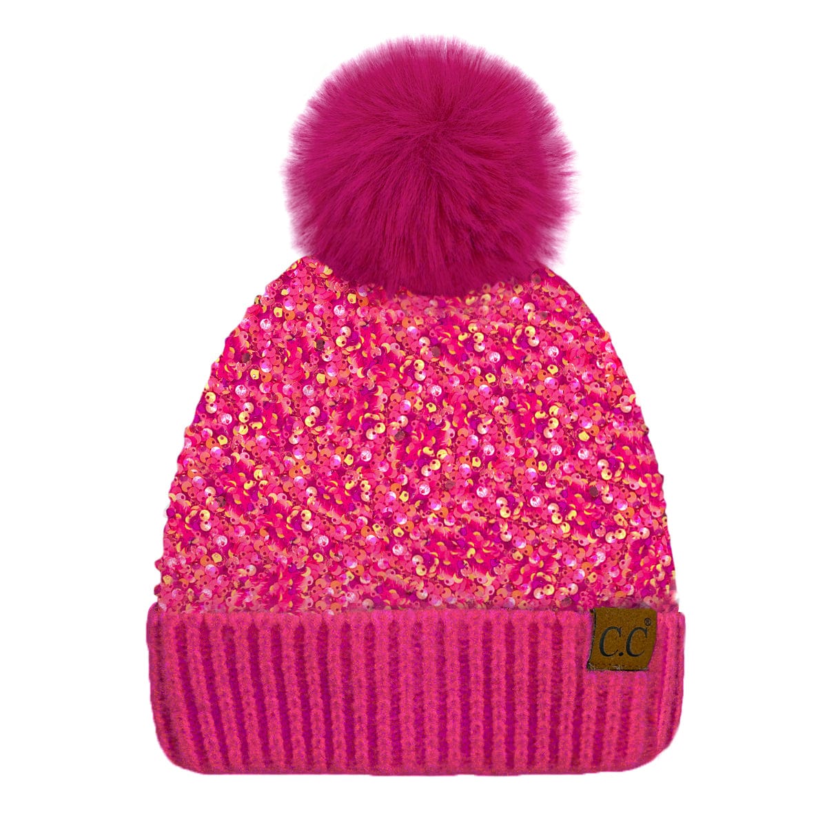C.C Apparel Hot Pink CC Sequin Pom Beanie for Women - Soft Warm Knit Winter Hat with Yarn Pom, Stretchable Acrylic Skully with Shimmering Sequins - HTE 0012