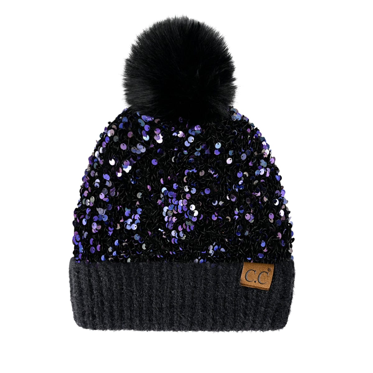 C.C Apparel Purple&Black CC Sequin Pom Beanie for Women - Soft Warm Knit Winter Hat with Yarn Pom, Stretchable Acrylic Skully with Shimmering Sequins - HTE 0012