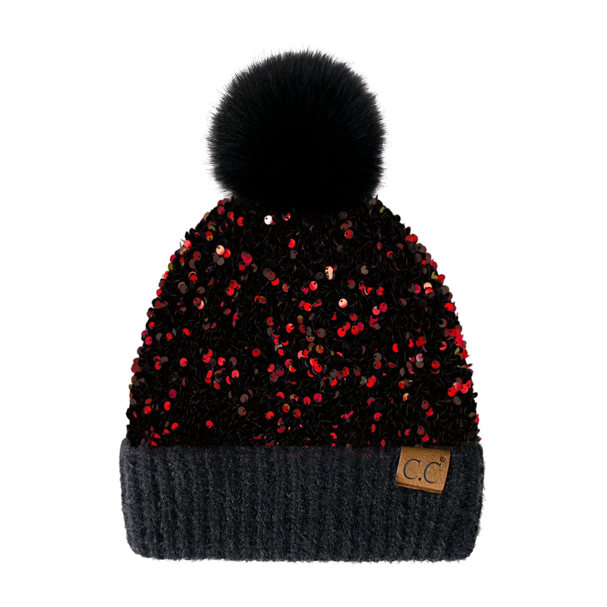 C.C Apparel Red&Black CC Sequin Pom Beanie for Women - Soft Warm Knit Winter Hat with Yarn Pom, Stretchable Acrylic Skully with Shimmering Sequins - HTE 0012