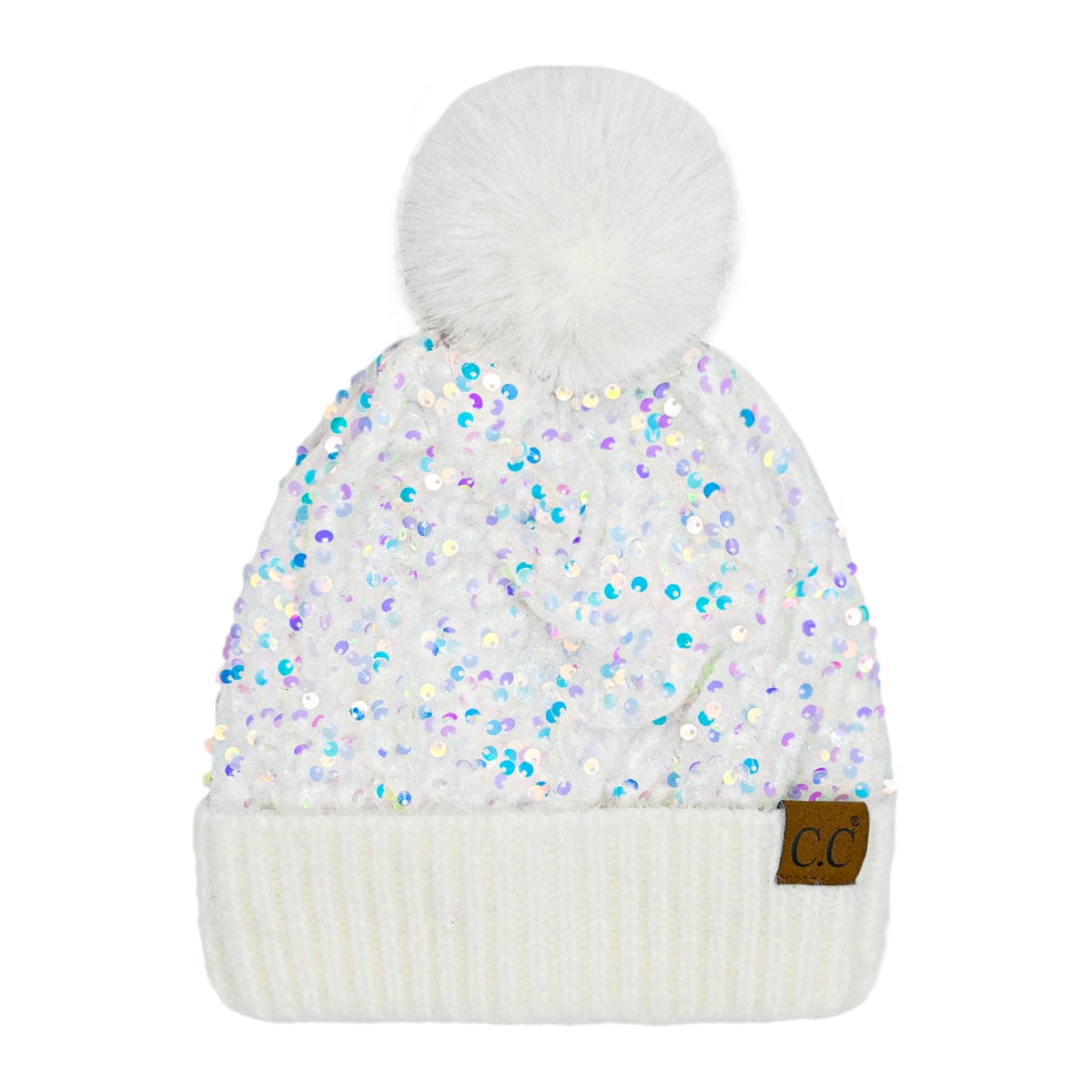 C.C Apparel White CC Sequin Pom Beanie for Women - Soft Warm Knit Winter Hat with Yarn Pom, Stretchable Acrylic Skully with Shimmering Sequins - HTE 0012