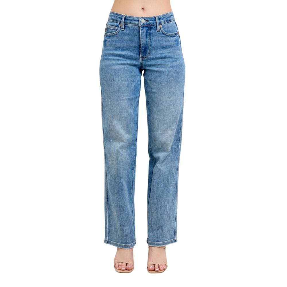 Judy Blue Apparel 0 Judy Blue Mid Rise Tummy Control Vintage Wash Straight Leg Jeans for Women