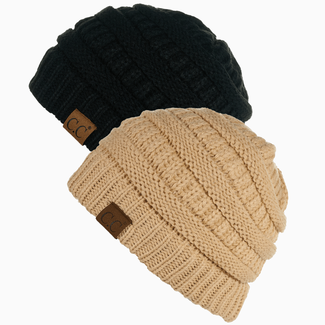 Keebon International Apparel Black and Beige Thick Cozy Slouchy Cable Knit Beanies 2 pack - Perfect for Outdoor Activities - C.C Hat 20 Winter Warm Hat Beanies