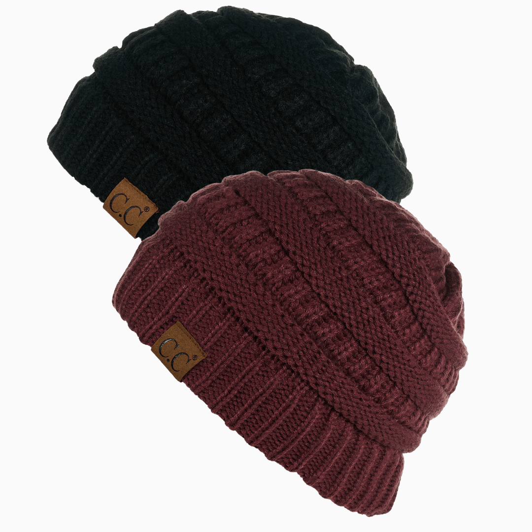 Keebon International Apparel Black and Cocoberry Thick Cozy Slouchy Cable Knit Beanies 2 pack - Perfect for Outdoor Activities - C.C Hat 20 Winter Warm Hat Beanies
