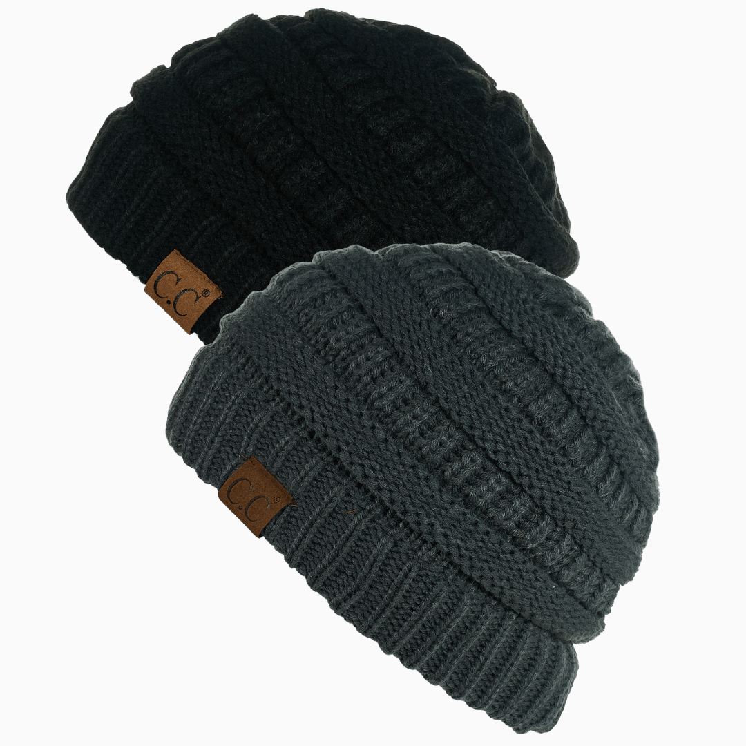 Keebon International Apparel Black and Dark Melange Grey Thick Cozy Slouchy Cable Knit Beanies 2 pack - Perfect for Outdoor Activities - C.C Hat 20 Winter Warm Hat Beanies