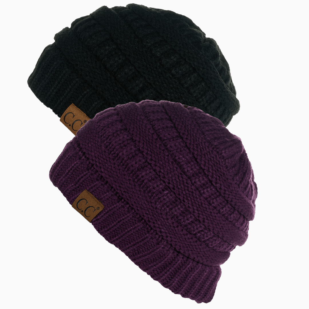 Keebon International Apparel Black and Dark Purple Thick Cozy Slouchy Cable Knit Beanies 2 pack - Perfect for Outdoor Activities - C.C Hat 20 Winter Warm Hat Beanies