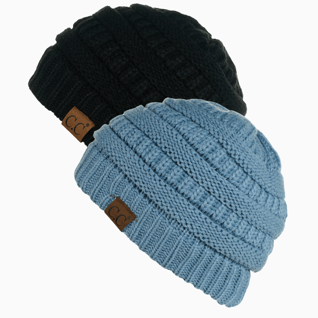 Keebon International Apparel Black and Denim Thick Cozy Slouchy Cable Knit Beanies 2 pack - Perfect for Outdoor Activities - C.C Hat 20 Winter Warm Hat Beanies