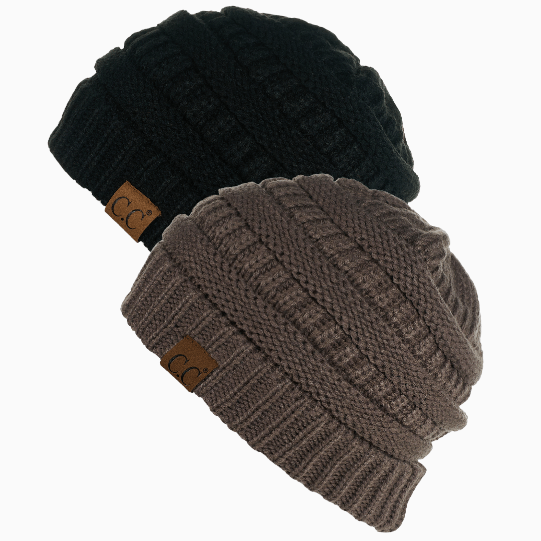Keebon International Apparel Black and Earth Grey Thick Cozy Slouchy Cable Knit Beanies 2 pack - Perfect for Outdoor Activities - C.C Hat 20 Winter Warm Hat Beanies