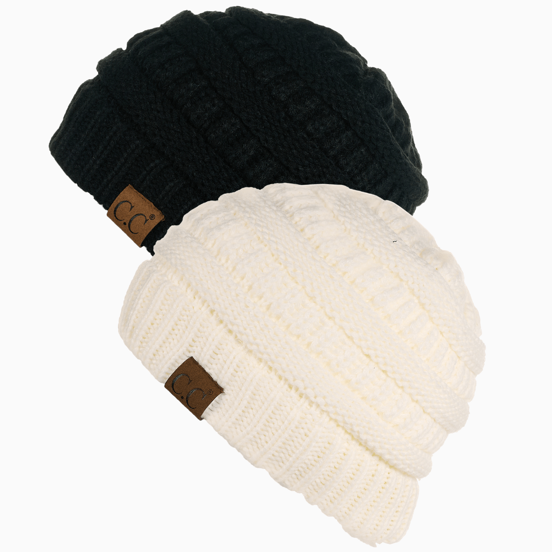 Keebon International Apparel Black and Ivory Thick Cozy Slouchy Cable Knit Beanies 2 pack - Perfect for Outdoor Activities - C.C Hat 20 Winter Warm Hat Beanies