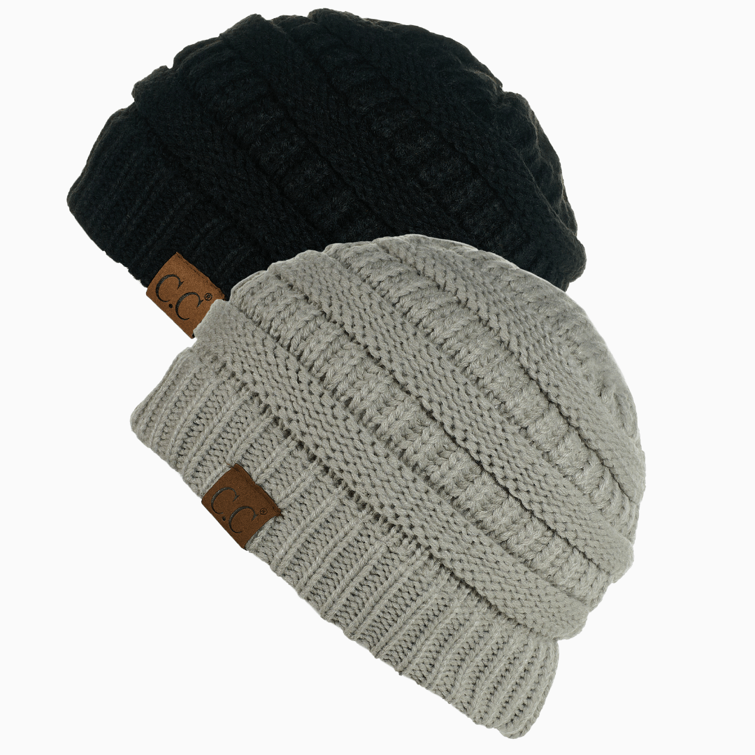 Keebon International Apparel Black and Mercury Thick Cozy Slouchy Cable Knit Beanies 2 pack - Perfect for Outdoor Activities - C.C Hat 20 Winter Warm Hat Beanies