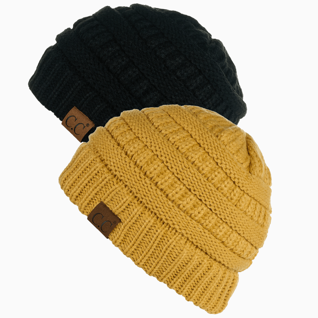 Keebon International Apparel Black and Mustard Thick Cozy Slouchy Cable Knit Beanies 2 pack - Perfect for Outdoor Activities - C.C Hat 20 Winter Warm Hat Beanies