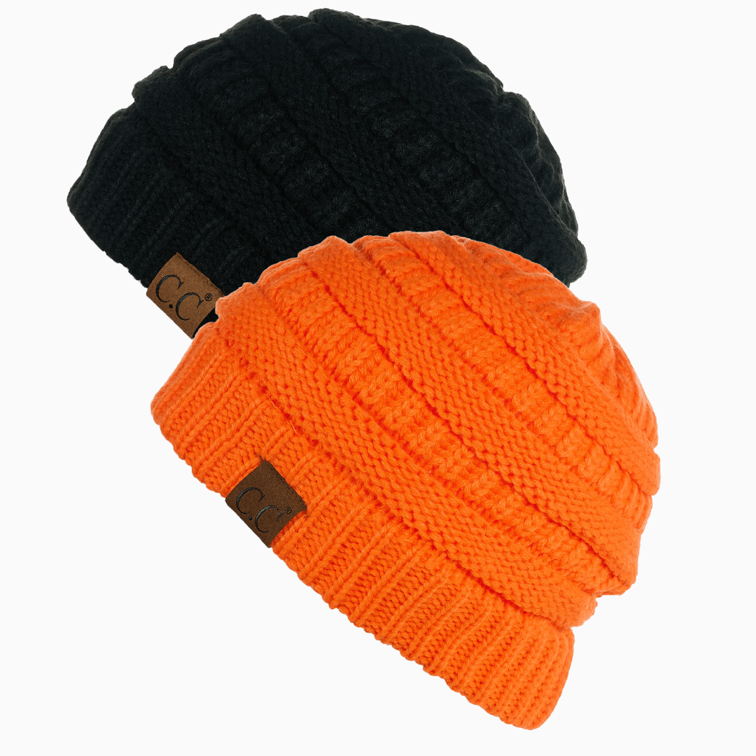 Keebon International Apparel Black and Neon Orange Thick Cozy Slouchy Cable Knit Beanies 2 pack - Perfect for Outdoor Activities - C.C Hat 20 Winter Warm Hat Beanies