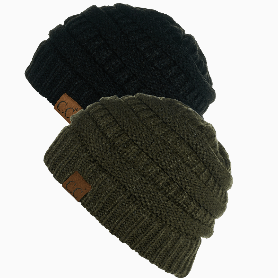 Keebon International Apparel Black and New Olive Thick Cozy Slouchy Cable Knit Beanies 2 pack - Perfect for Outdoor Activities - C.C Hat 20 Winter Warm Hat Beanies