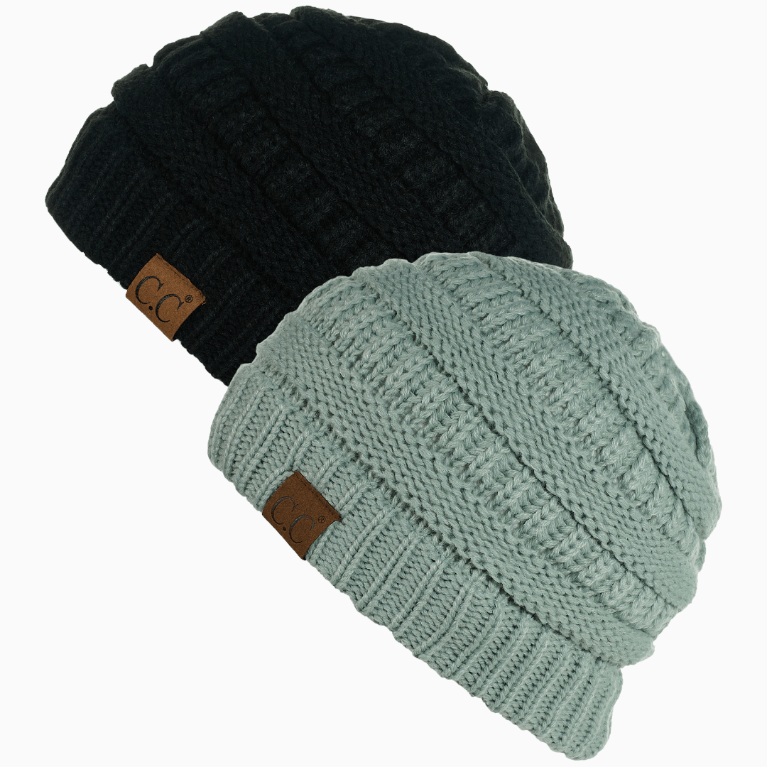Keebon International Apparel Black and Pale Mint Thick Cozy Slouchy Cable Knit Beanies 2 pack - Perfect for Outdoor Activities - C.C Hat 20 Winter Warm Hat Beanies