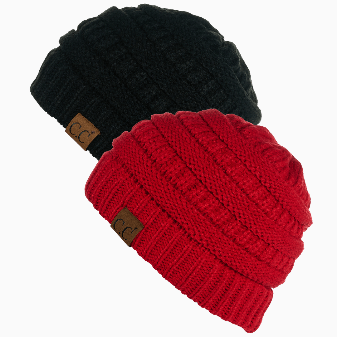 Keebon International Apparel Black and Red Thick Cozy Slouchy Cable Knit Beanies 2 pack - Perfect for Outdoor Activities - C.C Hat 20 Winter Warm Hat Beanies