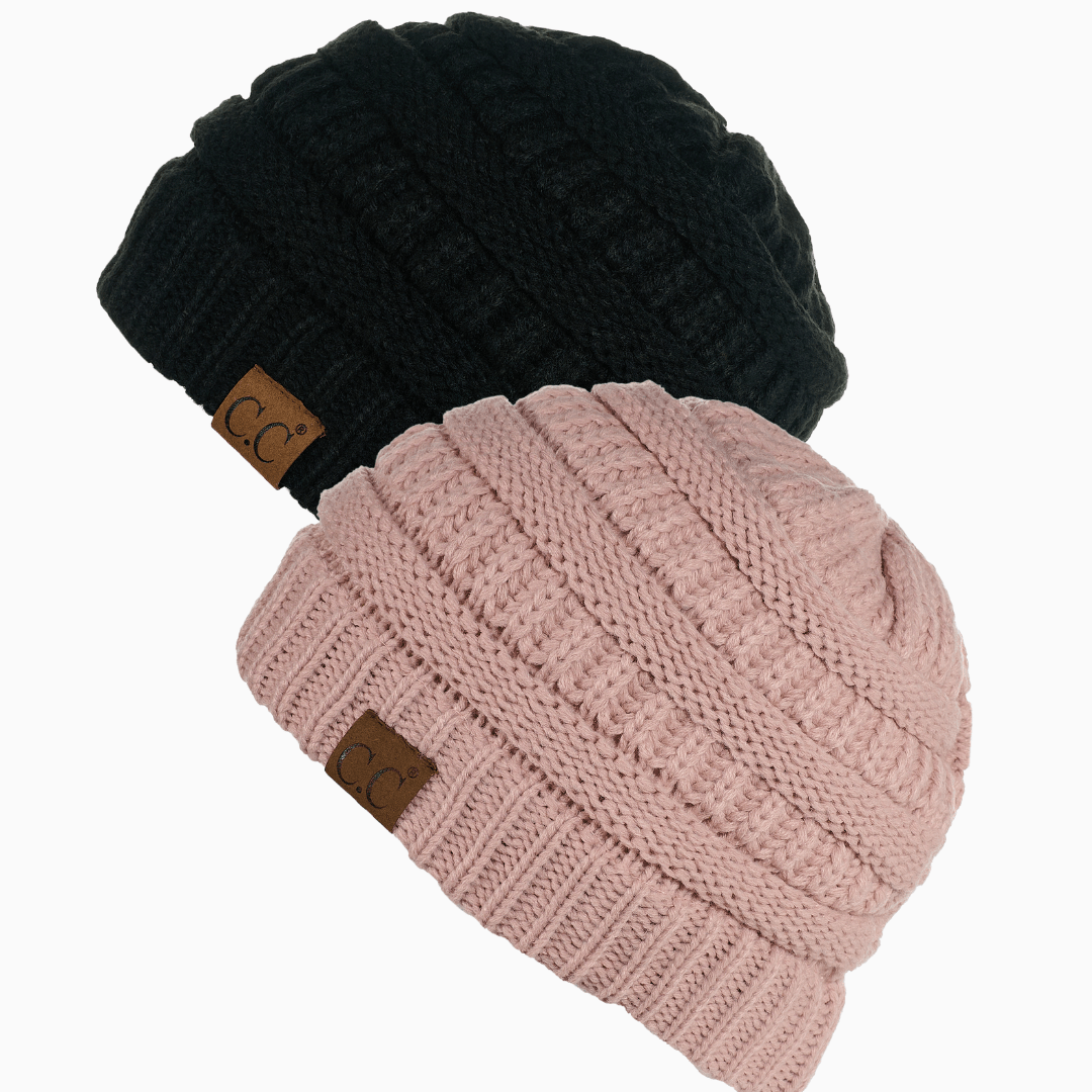 Keebon International Apparel Black and Rose Thick Cozy Slouchy Cable Knit Beanies 2 pack - Perfect for Outdoor Activities - C.C Hat 20 Winter Warm Hat Beanies