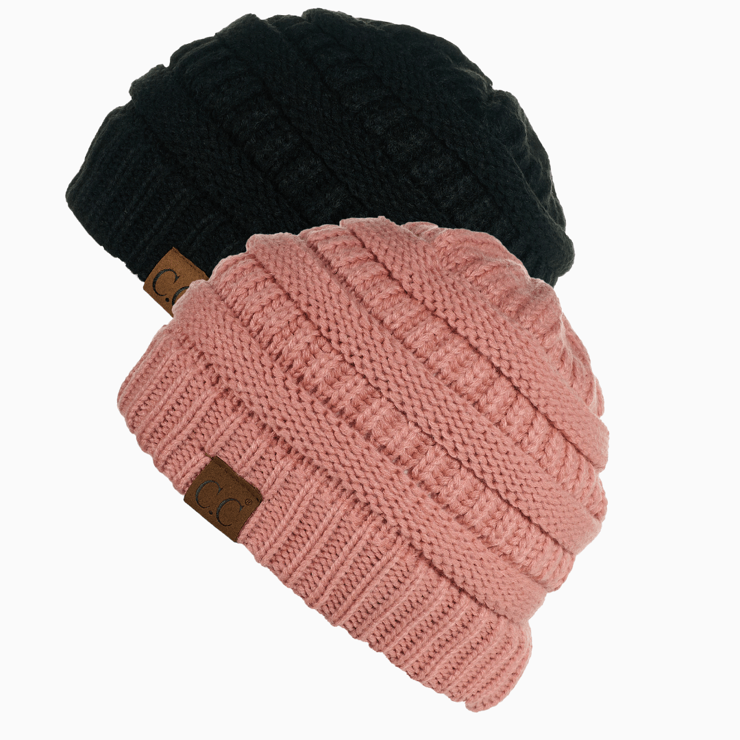 Keebon International Apparel Black and Salmon Pink Thick Cozy Slouchy Cable Knit Beanies 2 pack - Perfect for Outdoor Activities - C.C Hat 20 Winter Warm Hat Beanies