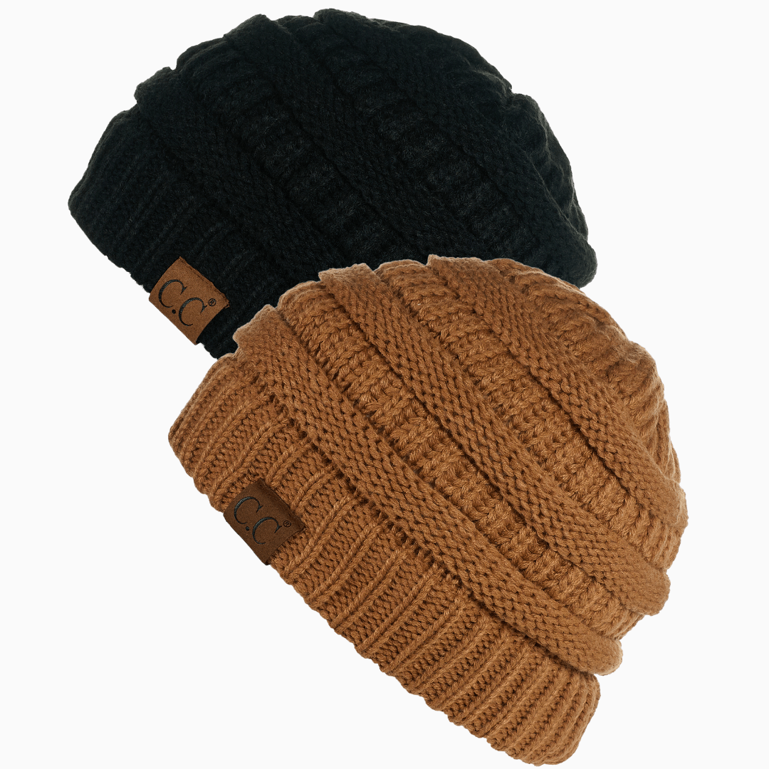 Keebon International Apparel Black and Toast Almond Thick Cozy Slouchy Cable Knit Beanies 2 pack - Perfect for Outdoor Activities - C.C Hat 20 Winter Warm Hat Beanies