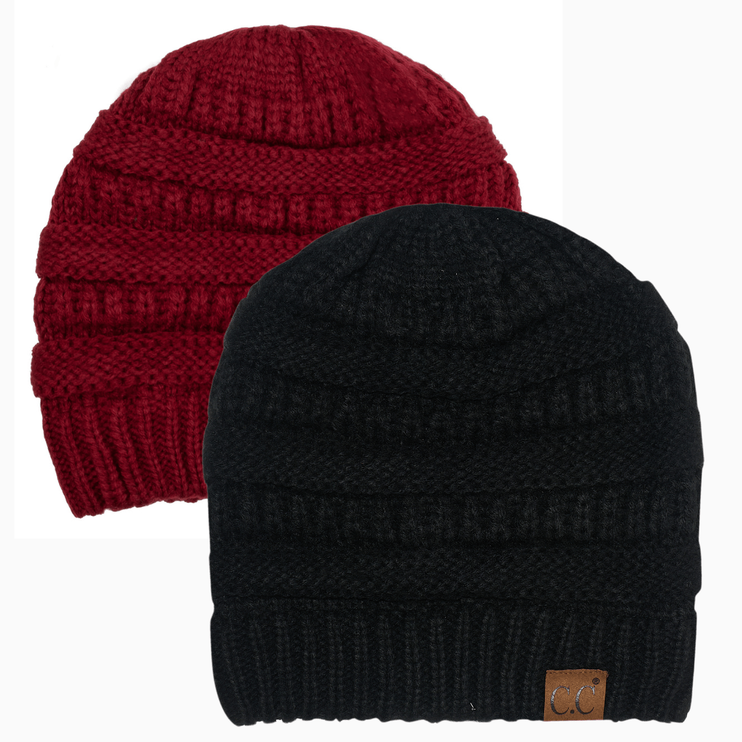 Keebon International Apparel Burgundy and Black Thick Cozy Slouchy Cable Knit Beanies 2 pack - Perfect for Outdoor Activities - C.C Hat 20 Winter Warm Hat Beanies