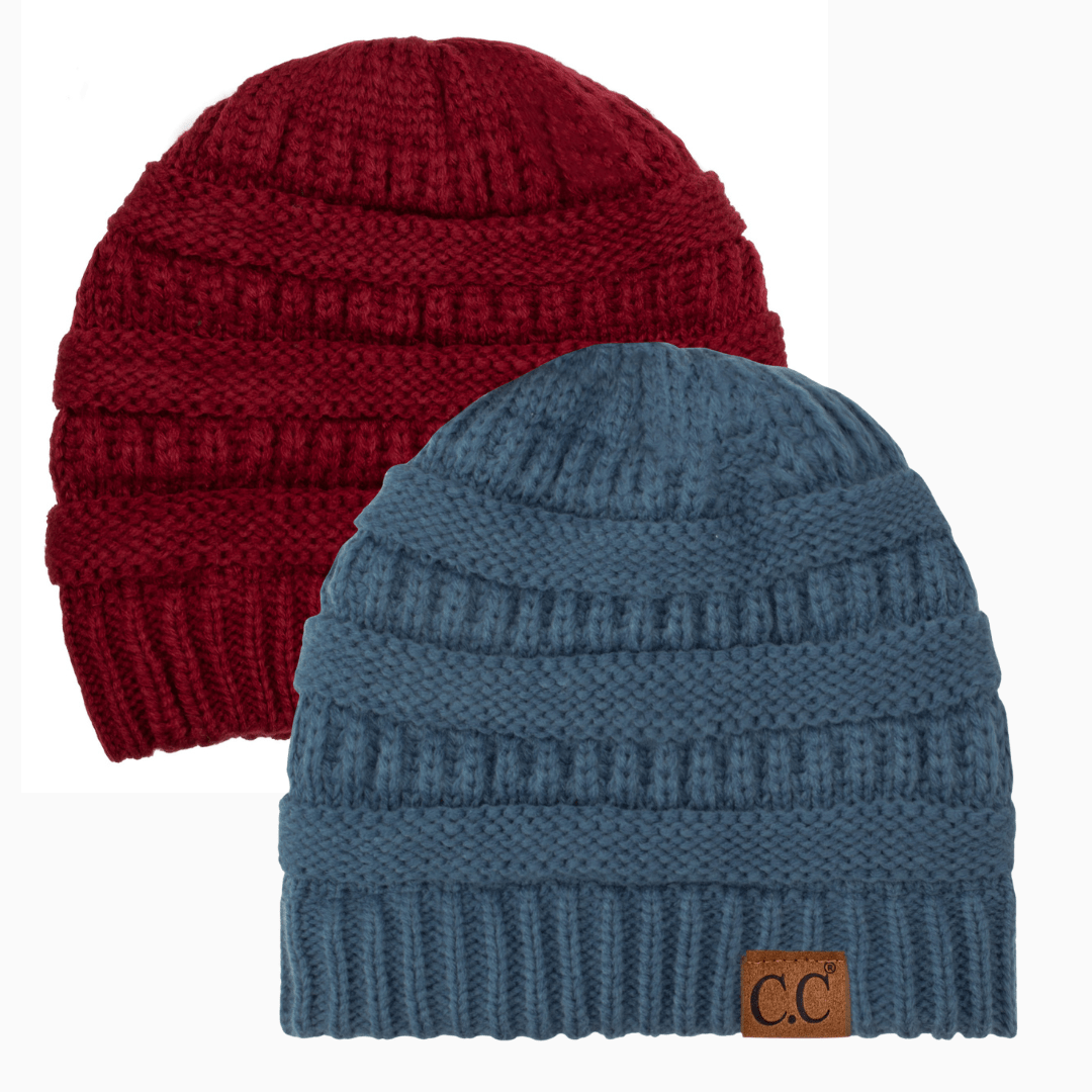 Keebon International Apparel Burgundy and Dark Denim Thick Cozy Slouchy Cable Knit Beanies 2 pack - Perfect for Outdoor Activities - C.C Hat 20 Winter Warm Hat Beanies