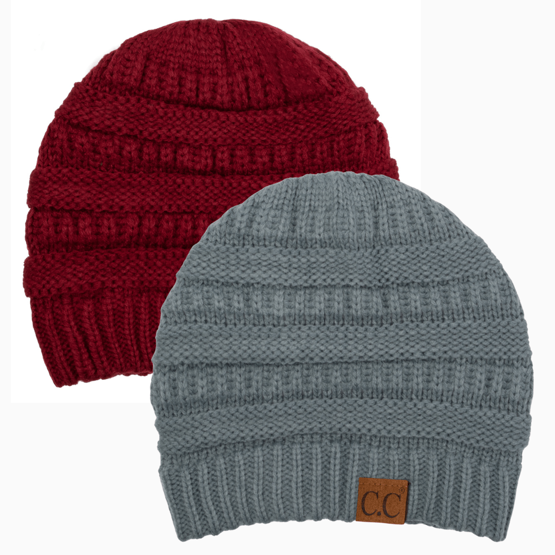 Keebon International Apparel Burgundy and Dusty Grey Thick Cozy Slouchy Cable Knit Beanies 2 pack - Perfect for Outdoor Activities - C.C Hat 20 Winter Warm Hat Beanies