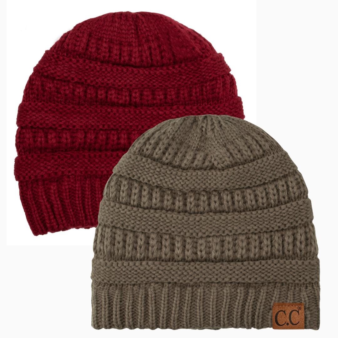 Keebon International Apparel Burgundy and Taupe Thick Cozy Slouchy Cable Knit Beanies 2 pack - Perfect for Outdoor Activities - C.C Hat 20 Winter Warm Hat Beanies