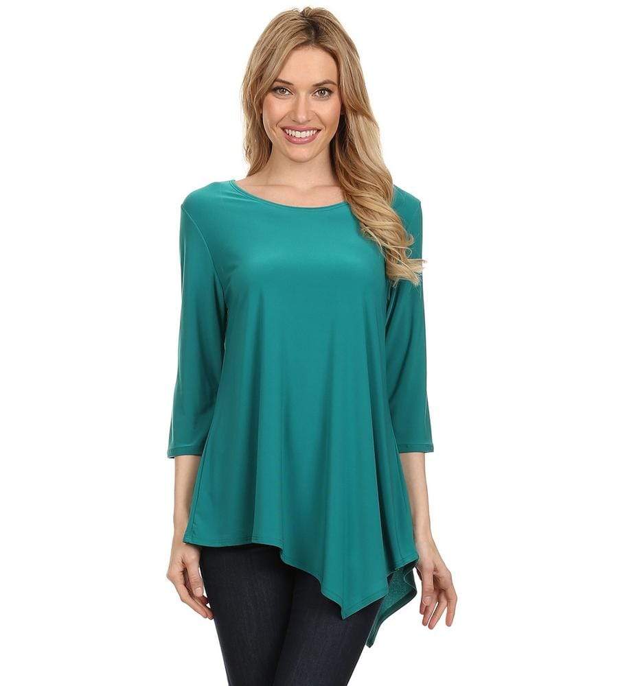 Auliné Collection Apparel Teal / Small Auliné Collection Women's 3/4 Sleeve Various Handkerchief Hem Tunic Top ASYMMETRICAL