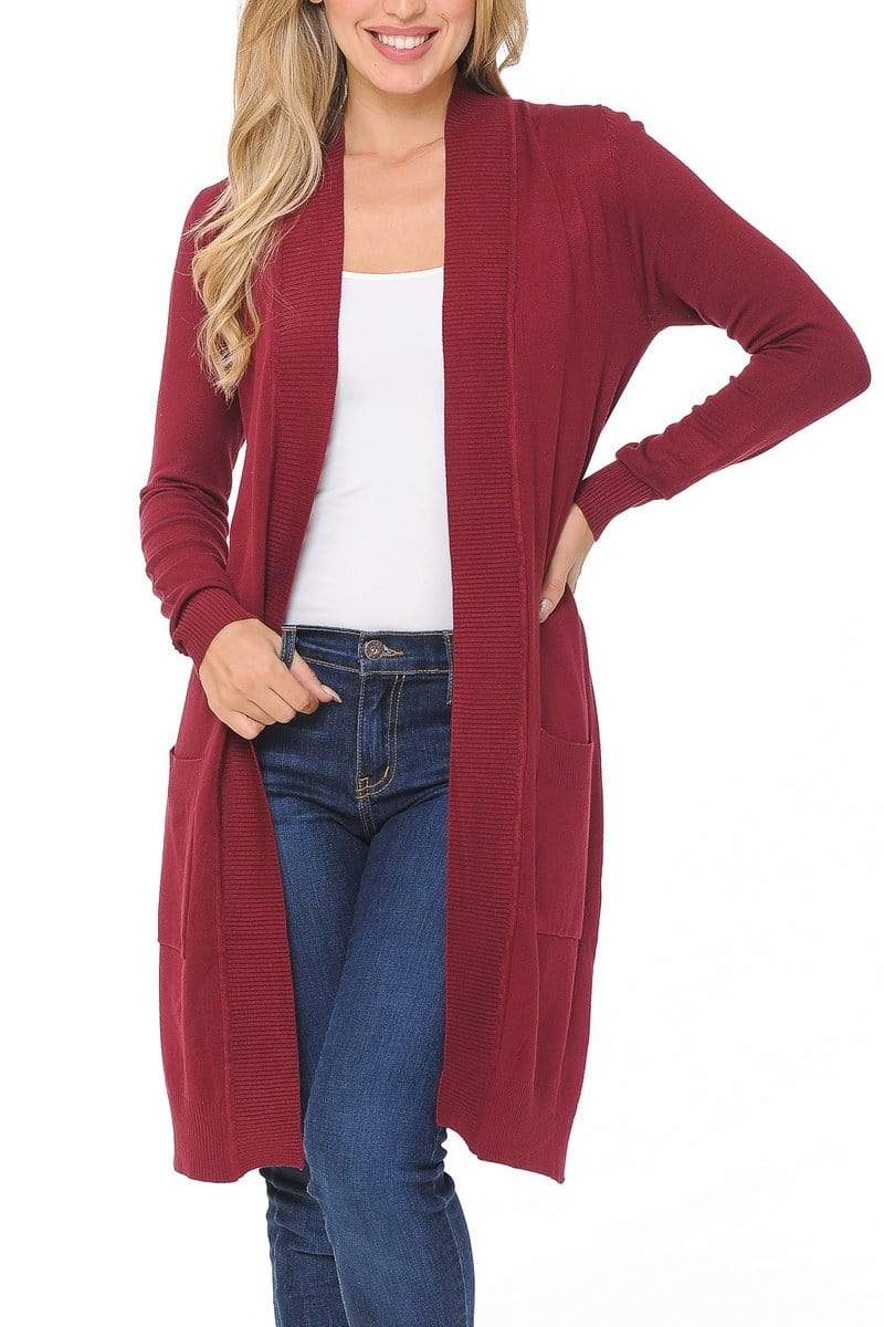 Auliné Collection Apparel Small / Burgundy Auliné Collection Women's Classic Casual Solid Open Front Sweater Knit Long Cardigan