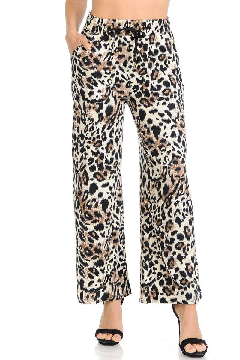 Auliné Collection Apparel S/M / Brown Leopard Auliné Collection Womens High Waisted Loose Wide Leg Drawstring Palazzo Pants