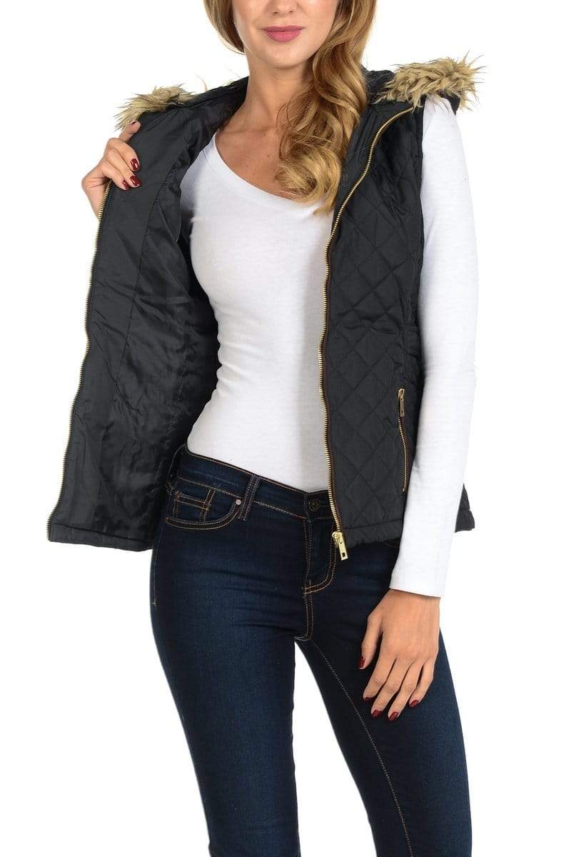 Auliné Collection Apparel Auliné Collection Womens Quilted Zip Up Lightweight Fur Hooded Padding Vest