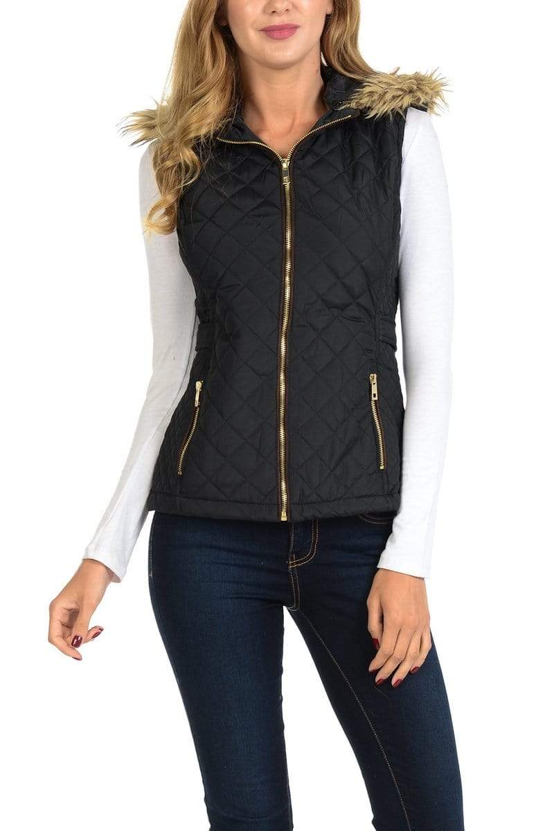 Auliné Collection Apparel Auliné Collection Womens Quilted Zip Up Lightweight Fur Hooded Padding Vest