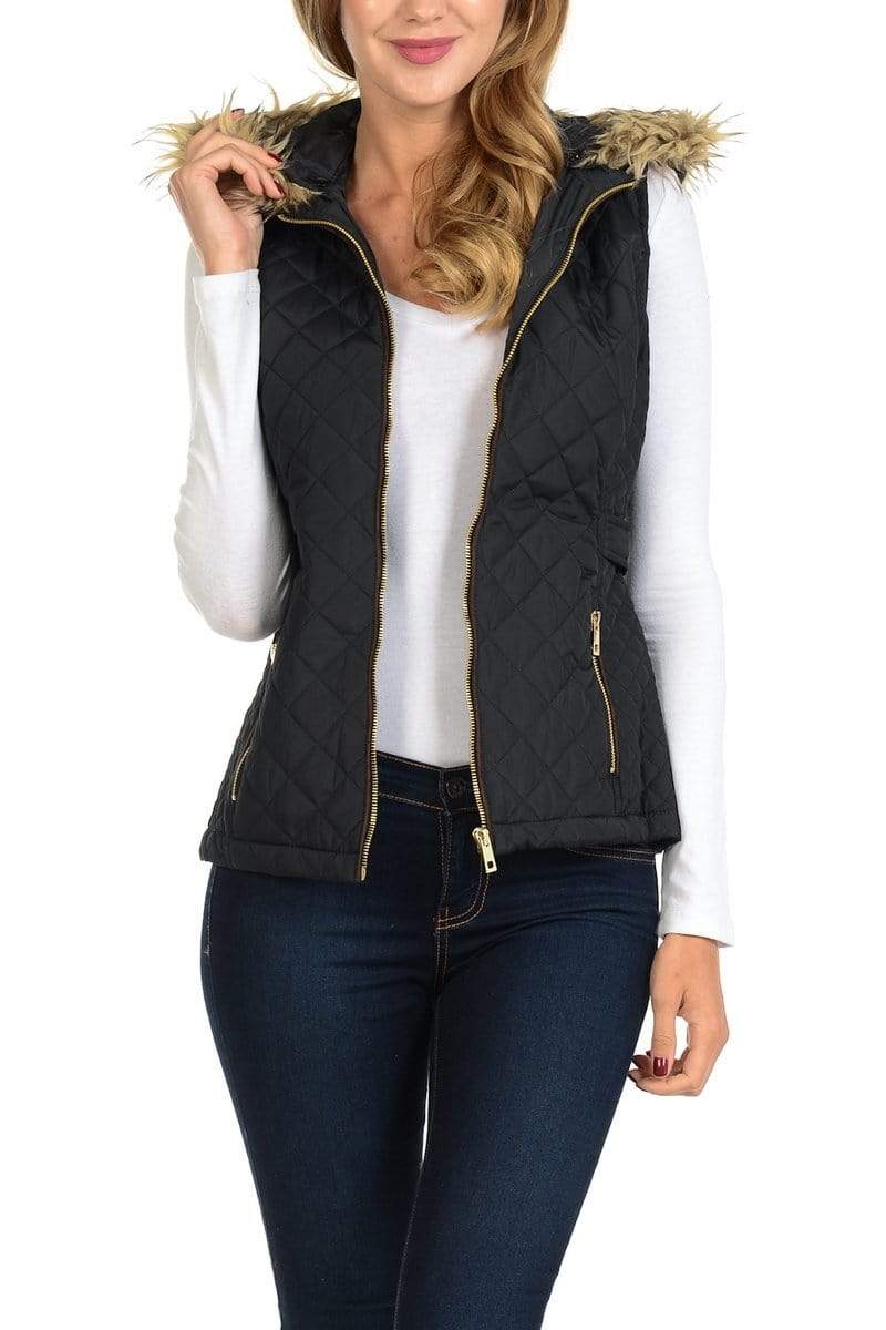 Auliné Collection Apparel Auliné Collection Womens Quilted Zip Up Lightweight Fur Hooded Padding Vest