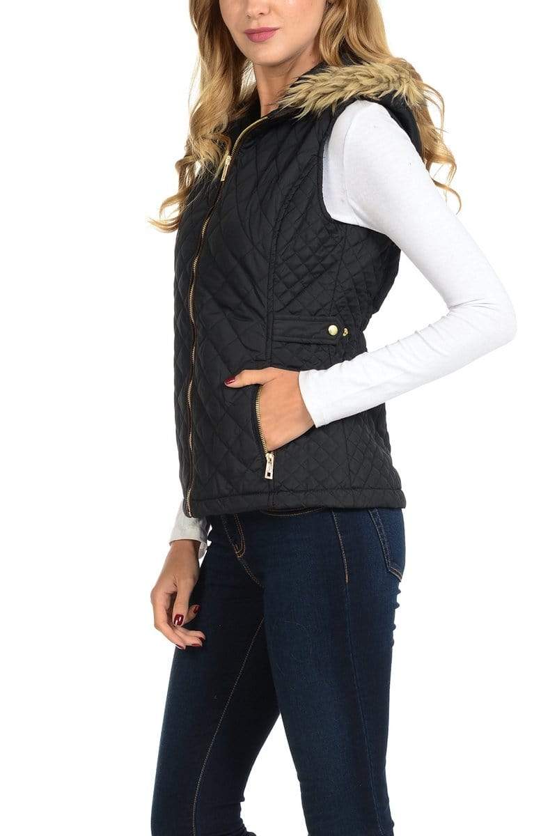 Auliné Collection Apparel Auliné Collection Womens Quilted Zip Up Lightweight Fur Hooded Padding Vest