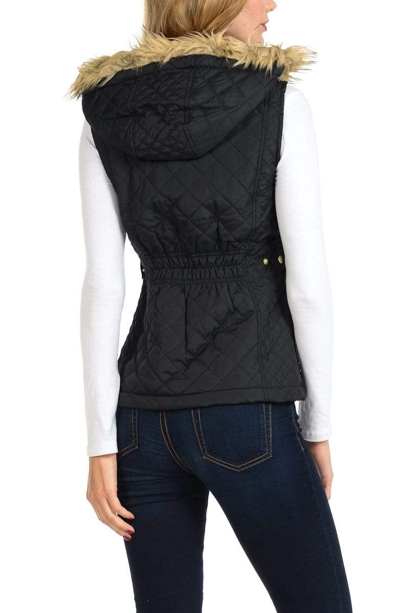 Auliné Collection Apparel Auliné Collection Womens Quilted Zip Up Lightweight Fur Hooded Padding Vest