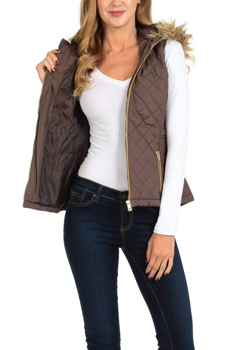Auliné Collection Apparel Auliné Collection Womens Quilted Zip Up Lightweight Fur Hooded Padding Vest