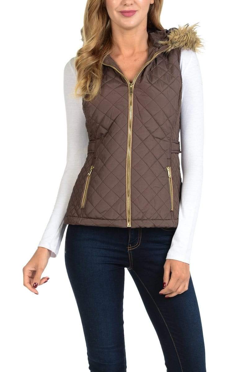 Auliné Collection Apparel Auliné Collection Womens Quilted Zip Up Lightweight Fur Hooded Padding Vest