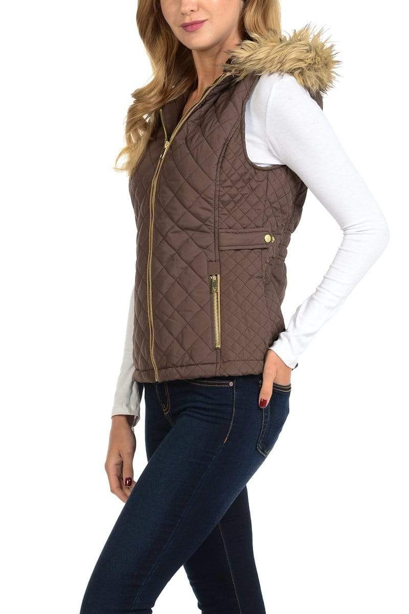 Auliné Collection Apparel Auliné Collection Womens Quilted Zip Up Lightweight Fur Hooded Padding Vest